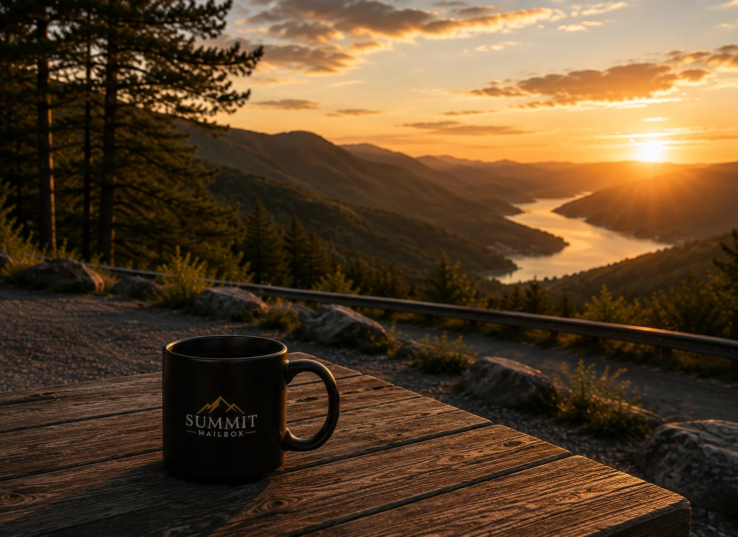 A Summit Mailbox coffee mug overlooking a mountain landscape
